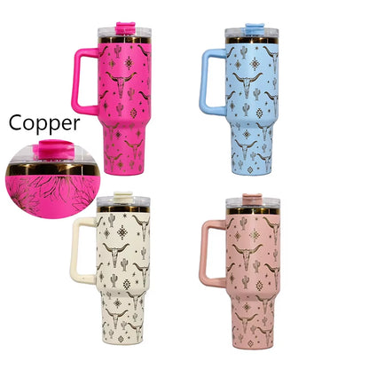 Custom Gilded Copper 40 Oz Double Wall Vacuum Insulated Thermal Mug Stainless Steel 40Oz Tumbler with Handle Straw Lid